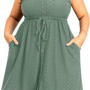 Plus Size Summer Dress Eyelet Tank V Neck Button Pockets Swing Casual
